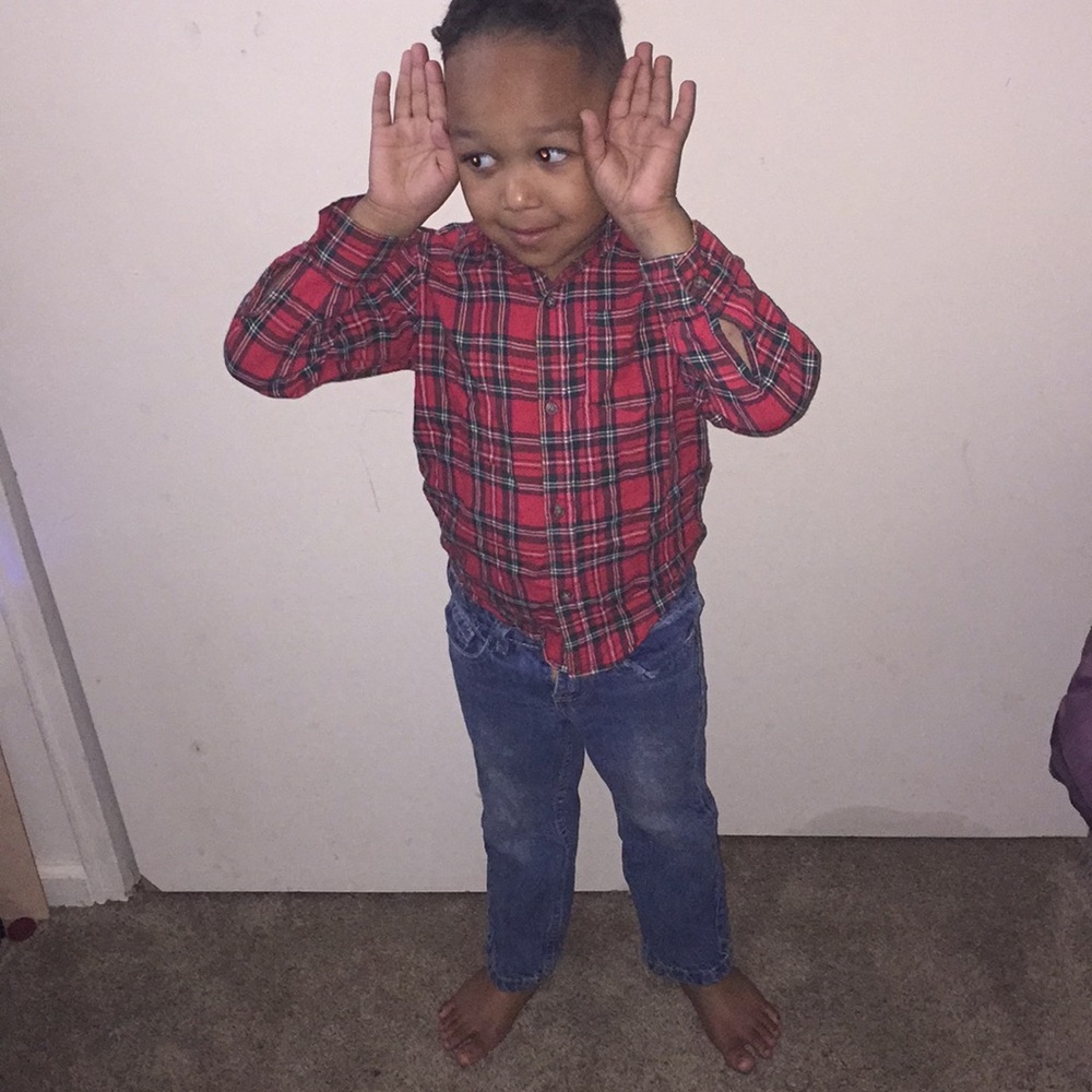 Carters red button up, & Lee jeans